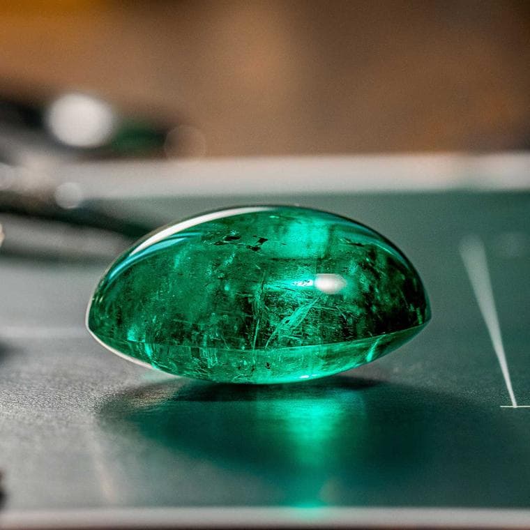 A cabochon-cut emerald displaying rich green translucency